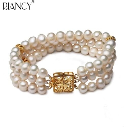 Fashion three rows Natural Freshwater white Pearl Bracelet Pearl Jewelry for Women wedding Valentines Day Gift