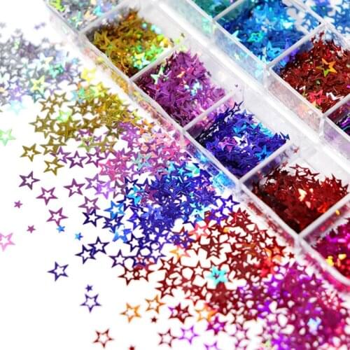 12 Grids/Box Holographic Glitter Hollow Stars Shape Sequins Epoxy Resin Filling DIY Crafts Jewelry Making Flake Nail Art T84A
