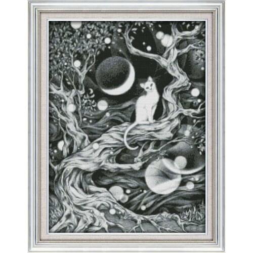 14/11/16/18/22/25/28CT Moonlit white cat animals painting counted Cross Stitch embroidery needlework Sets