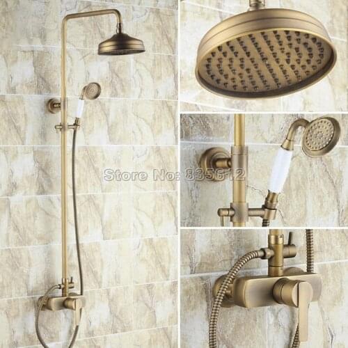 Bathroom 8 inch Rain Shower Faucet Set with Hand Spray Shower / Wall Mounted Antique Brass Single Handle Mixer Taps Wrs174
