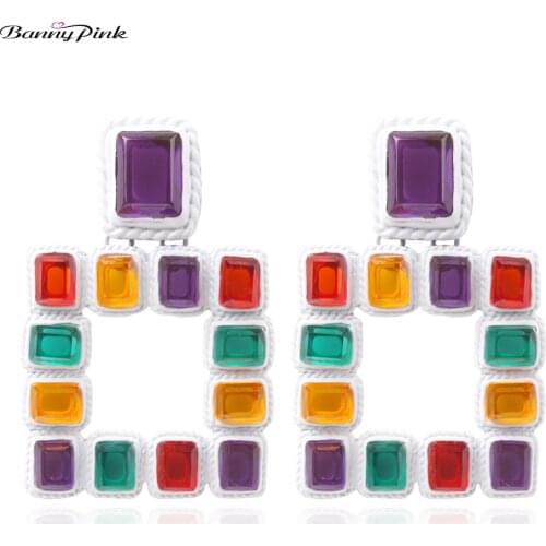 Banny Pink Layer Color Rhinestone Crystal Statement Studs Earrings For Women Large Geometric Square Pendant Post Earrings Brinco