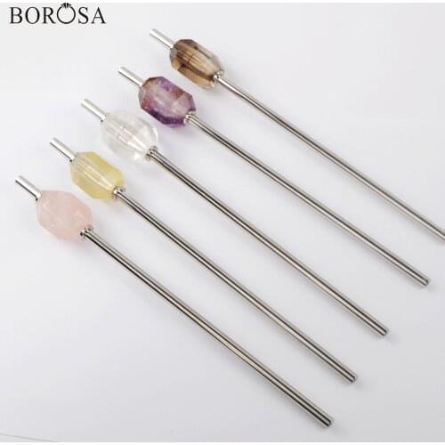 BOROSA Stainless Steel Beverage Straw with Natural Stone 304 Energy Reusable Drinking Straws for Beverage Drink Bar Party WX1203