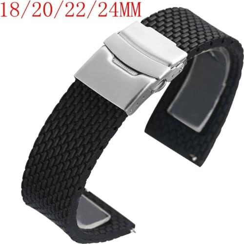 18MM/20MM/22MM/24MM Width Black Silicone Wristwatch Band Strap with Safety Folding Clasp Soft Silica adjustable Watches Strap