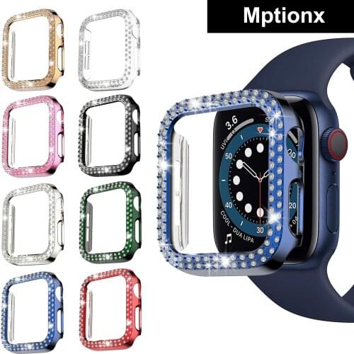 Double Row Diamond Bumper Protective Case for Apple Watch Series 6 SE 5 4 3 21 Hardness Tempered Glass Screen Film For iWatch