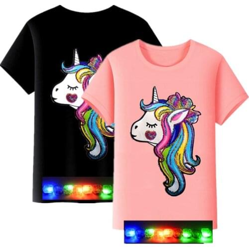 Girl Birthday T Shirt for Unicorn Girls Clothes LED Shining Kids Boys Color Sequin Tshirt Summer Short Sleeve