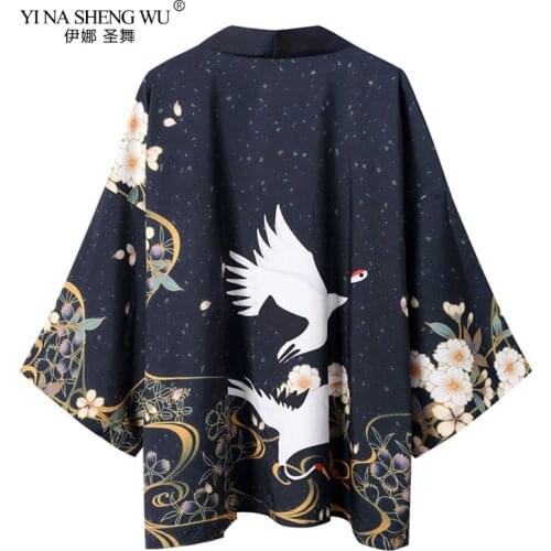 Japanese Style Crane Print Samurai Kimono Streetwear Men Women Cardigan Japan Harajuku Robe Clothes Beach Kimono Shirt Blouse