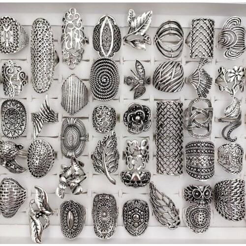25 Pcs/Lot Mix Unique Vintage Carved Flower Leaf Hollow Ring Punk Antique Silvery Band for Women Wedding Finger Rings Jewelry
