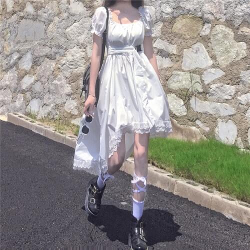 Korean Elegant Women Dress Square Collar Vintage Puff Sleeve Irregular Dress High Waist A-Line Sweet Lace Splice Japanese Dress