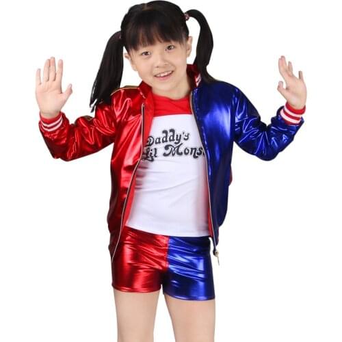 Harley costumes quinn girl adult suit cosplay Suicide Team Monster T-Shirt Childrens Jacket Gloves Belt Accessories Anime Sets