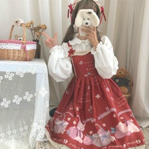 Strawberry Cat Cute Womens Lolita JSK Dress Sleeveless Suspender Dress Bow Kawaii Girls Dress Pink & Wine Red
