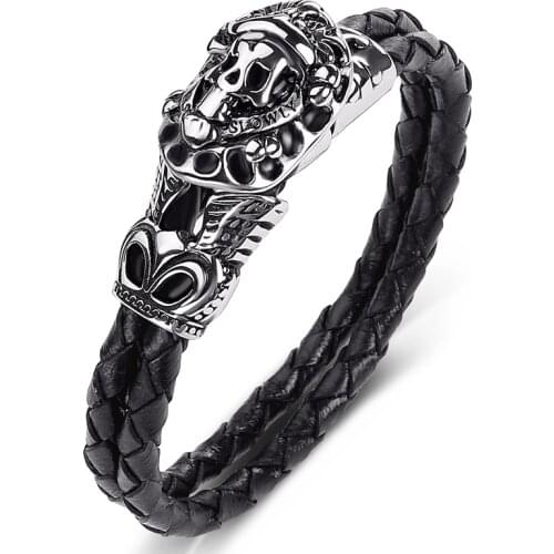 Fashion Men Jewelry Leather Bangles Stainless Steel Skull Bracelets Punk Charm Popular Male Wrist Band Gifts Wholesale P511