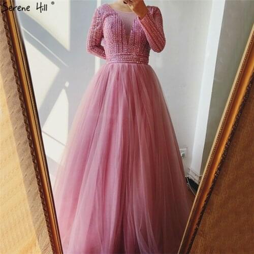 Serene Hill O-Neck Sequins Beading A-Line Prom Dresses Design 2020 Long Sleeves Lace Up Formal Dress DLA70237