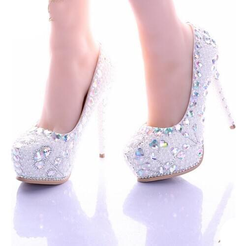Lovely White Pearl High Heel Shoes Crystal Platform Bridal Wedding Shoes Gorgeous Diamond Rhinestone Women Shoes Formal Shoes