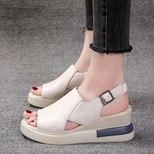 Summer Wedge Sandals for Women 2021 New Solid Color Peep Toe Beach Shoes Woman Fashion Platform PU Leather Casual Sandals