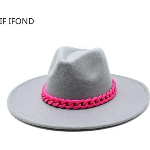 British Style Winter Fedora Hats Big Brim 9.5CM Panama Felt Jazz Hat With Thick Chain Band Men Formal Church Cap