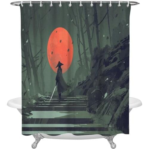 Waterproof Shower Curtains Samurai Forest Red Moon Shower Curtain Frabic Polyester Bathroom decor Curtain