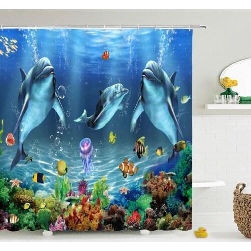 Cartoon Ocean Dolphin Shower Curtain,Waterproof Bathroom Screen Sea Animal Shower Curtain Polyester High Quality Home Curtain