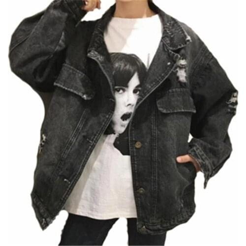 Black denim girl jacket 2019 new spring large size Korean version loose hole womens denim long sleeve lapel jacket W12