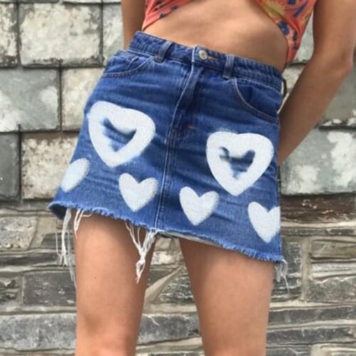 Heart Print Denim Mini Skirt Fashion Casual Button Summer 2021 Skirts Streetwear A Line High Waist Y2k Bodycon Sexy Women Skirt
