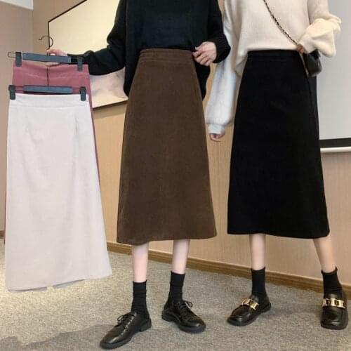 Corduroy Pleated Midi Skirt High Waist Women Maxi Long Robe Casual Vintage Solid Pink Split Elastic Saia Mujer Faldas Korean
