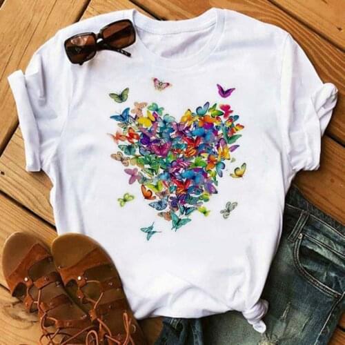 T-shirts Women Heart Butterfly Cute Vintage Summer Clothes 90s Ladies Tshirt Top Cartoon Print Clothes Graphic Female Tee Tshirt