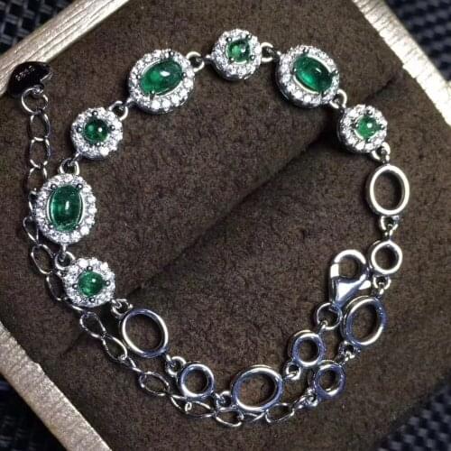 S925 silver natural green emerald gem bracelet natural gemstone bracelet Elegant Round cirque women wedding fine gift jewelry