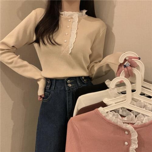 Woman Sweaters Knitted Top Womens Lace Stringy Selvedge Stitching Button Pullover Long Sleeve Sweater