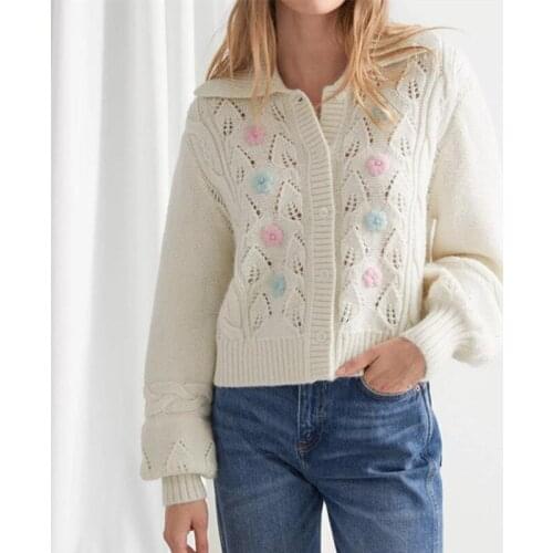 Womens Hollow Out Knit Sweater Cardigan Ladies Flowers Embroidery Long Sleeve Single Breasted Fresh Turn-Down Collar Knitwear