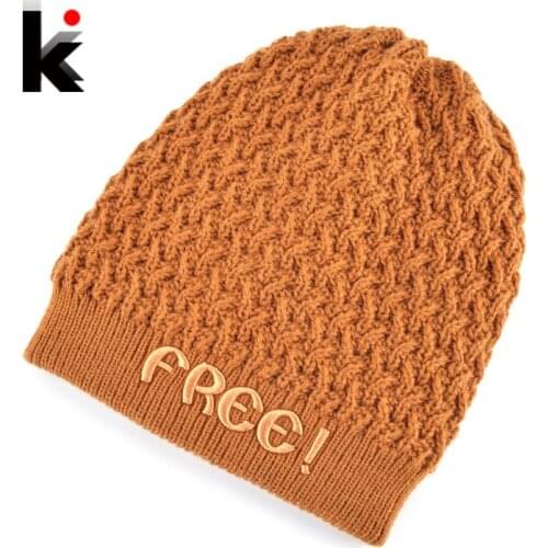 Winter Beanies Hat Men Embroidery Letters Knitted Wool Skullies Hats For Boy Add Velvet Double Layer Warm Hip Hop Gorros Hombre