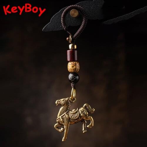 Zodiac Animal Horse Brass Car Keychain Pendants Vintage Style Handmade Woven Rope with Bodhi Beads Car Key Chain Lanyard Hanging