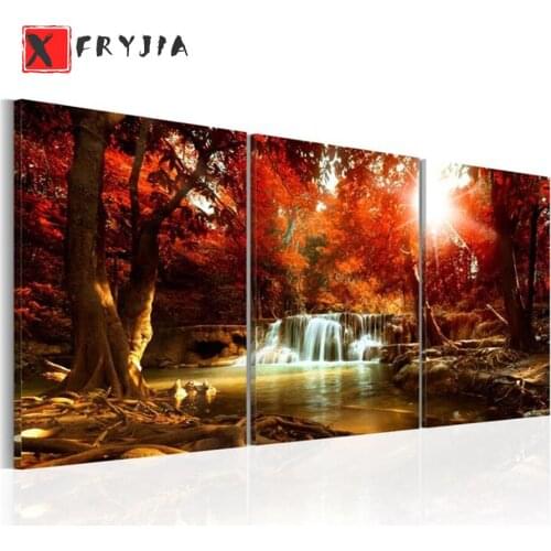 3pcs Diamond Embroidery Maple Waterfall Nature Landscape Full Round square Diamond Painting Mosaic diamond stitch kit Triptych