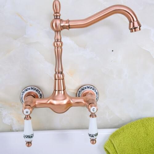 Antique Red Copper Brass Wall Mounted Bathroom Kitchen Sink Faucet Swivel Spout Mixer Tap Dual Ceramics Handles Levers anf953
