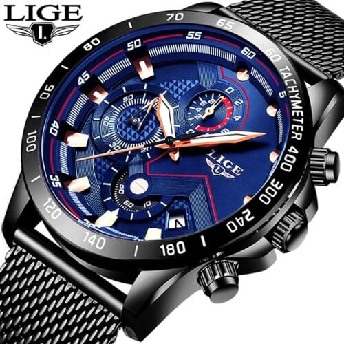 2019New Mens LIGE Fashion Casual Watch For Men Date Quartz Wrist Watches Sport Chronograph Mesh Belt Steel Watch Relojes Hombre