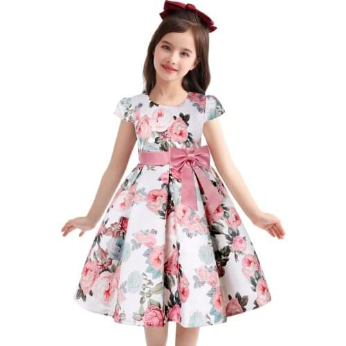 2021 Vintage Flower Dress For Girl Short-Sleeved Bow Print Princess Dress Kid Birthday Party Wedding Prom Elegant Clothes 2-10 Y