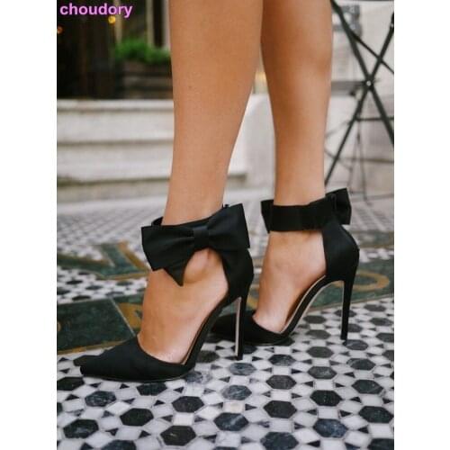 Girls Elegant High Heels Pumps Beige Black Satin Silk Fabric Pointed Toe Shoes Big Bowtie Shoes Butterfle-knot Wedding Shoes