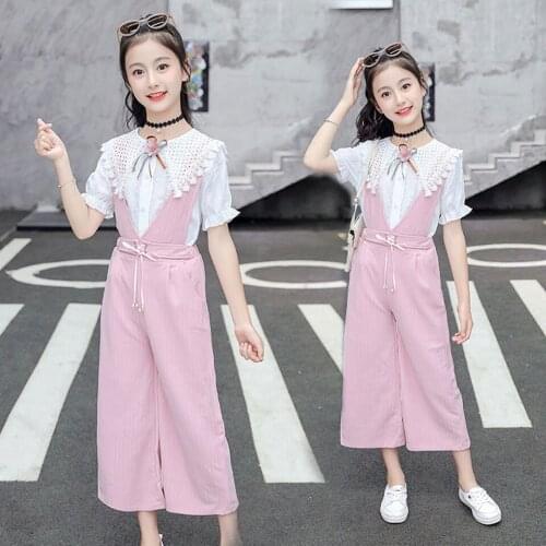 Bitlamb Summer Baby Girls Clothes Sets Tops +Overall Pants 2PCS Fashion Clothes Casual Girl Suits Kids Outfits 3T 4 6 7 8 10 12