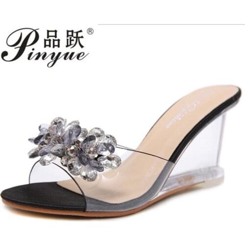 Summer Wedge Slippers Platform High Heels Women Slipper Outside Crystal ShoesClear crystal glass rhinestone high heel sandals