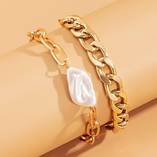 2Pcs/Set Geometric Fashion Link Chain Bracelets Set for Women Bohemia Pearl Multilayer Charm Bangles Fashion Party Jewelry Gift