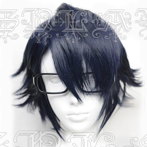 Anime K Fushimi Saruhiko Cosplay Wig Deep Blue Black Short Fluffy Layered Synthetic Hair Wig (Only Wig)+ Wig Cap