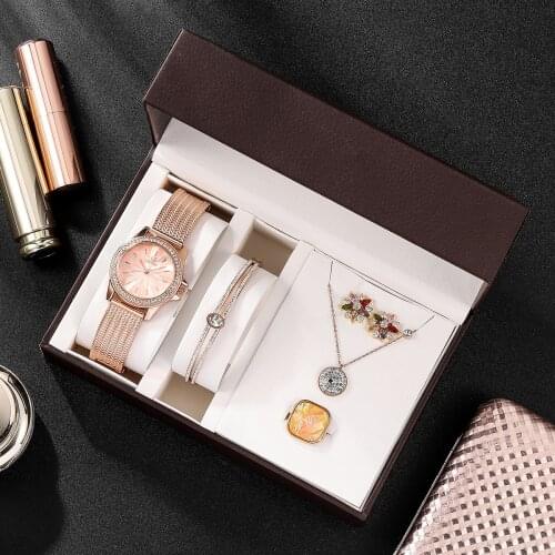 Luxury Women Rose Gold Watch Necklace Pendant Bracelet Ring Earrings Combo Sets Fashion Jewelry Set For Women Valentine Gift