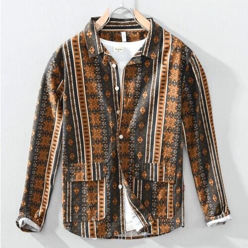 L03Y Trendy Vintage Ethnic Style Full Printing Long Sleeve Shirts Double Pockets Spring Autumn Men Streetwear Vacation Blouse