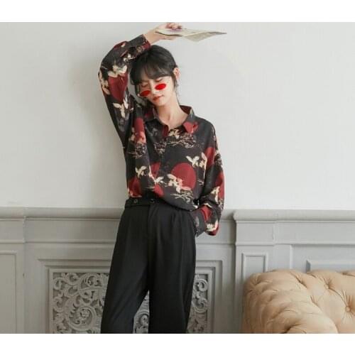 Animal Print Shirts For Women Loose Long Sleeve Button Up Black Shirt Japanese Streetwear 2021 Fashion Women Vintage Tops