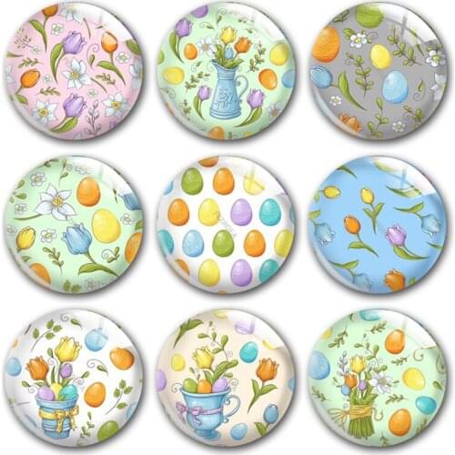 Handmade Happy Easter Egg Spring Flower Tulip Round Photo Glass Cabochons Demo Flat Back DIY Jewelry Making Findings Accessory