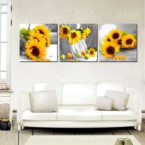 Modern Home Decoration Painting Set Yellow Sunflower On Desk Floral Art Canvas Printings Beautiful 3 Panel No Frame