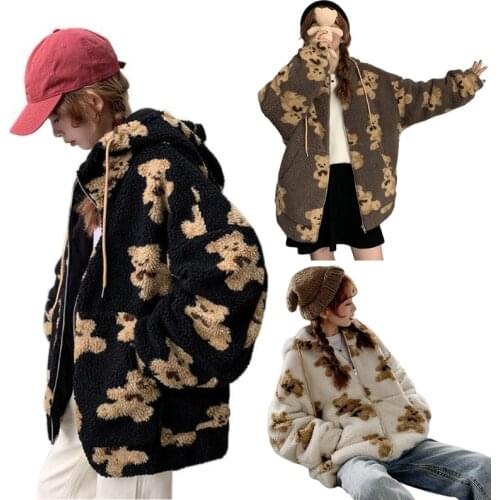 Women Winter Fuzzy Plush Hoodie Jacket Cute Cartoon Bear Print Shaggy Oversized Coat Harajuku Long Sleeve Warm Zip Up Sweatshirt