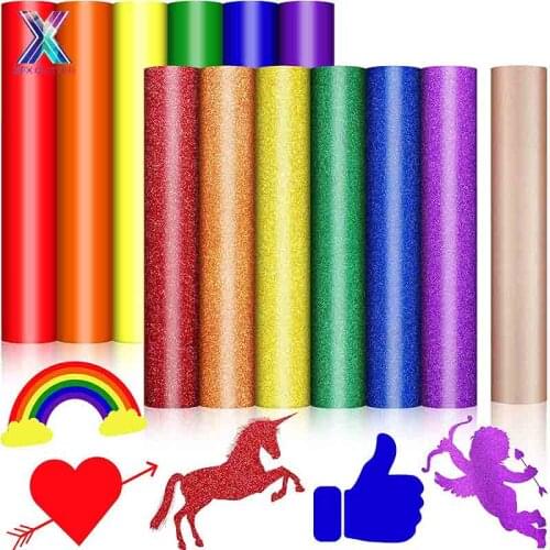 XFX HTV 12 Sheets Glitter Heat Transfer Vinyl Bundle Iron on Vinyl for T-Shirts Fabric DIY Craft Material 12x10Inch HTV Vinyl