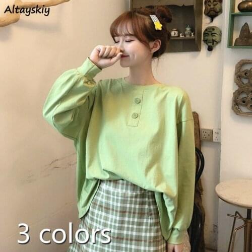 Long Sleeve T-shirts Women Pure Candy Colors Tees Simple All-match Leisure Korean Style Newest Autumn Trendy Lady O-Neck Button