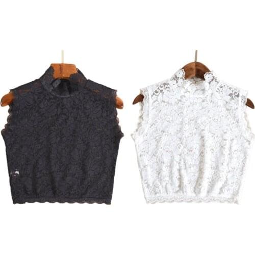 Women Decorative Floral Lace Faux Collar Stand Collar Scalloped Trim Sleeveless Vest Mock Neck Dickey Half Shirt Tops S03 21