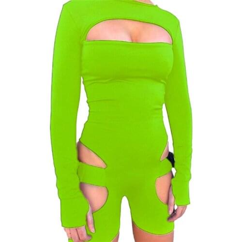 Womens Sexy Solid Color Bodycon Buckle Romper Autumn Streetwear Gothic Long Sleeve Hollow Out Skinny Playsuits