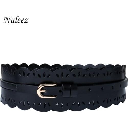 Ladys cowhide Waist Brand Width Fashion Vintage Simple Hollow out Carving Needle Buckle Belt Leather Wide Trench Coat